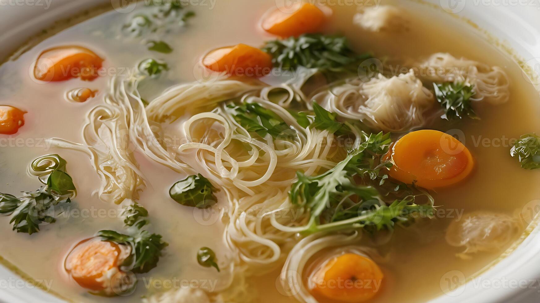 Closeup of a delicious broth featuring noodles, vegetables, and herbs in a bowl photo