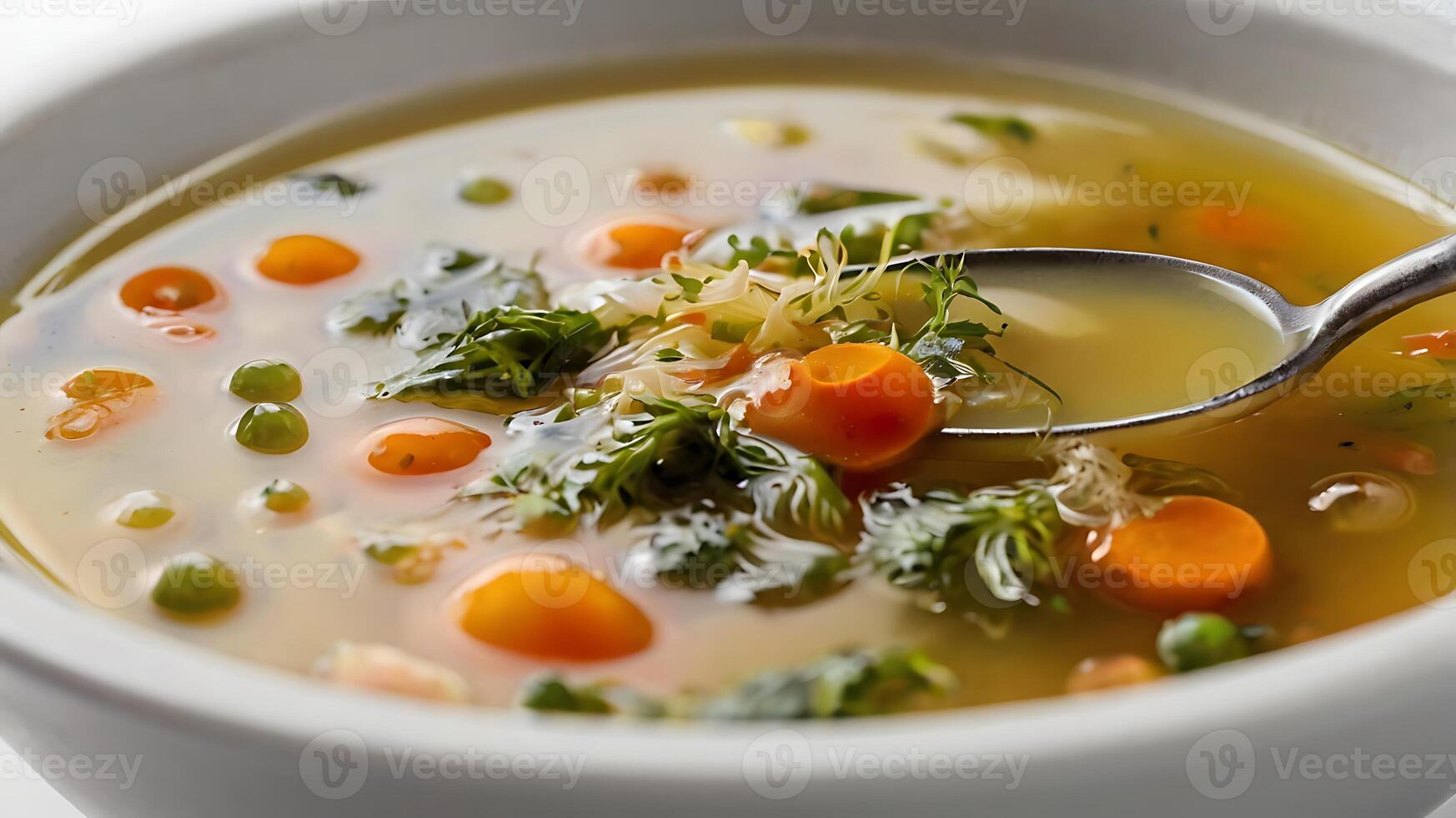 Closeup view of soup broth filled with vegetables and herbs in a white bowl photo