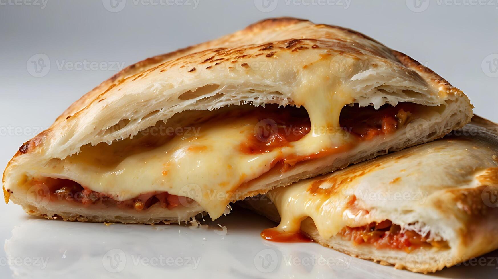 Closeup view of a calzone cut in half, showcasing melted cheese and savory filling photo