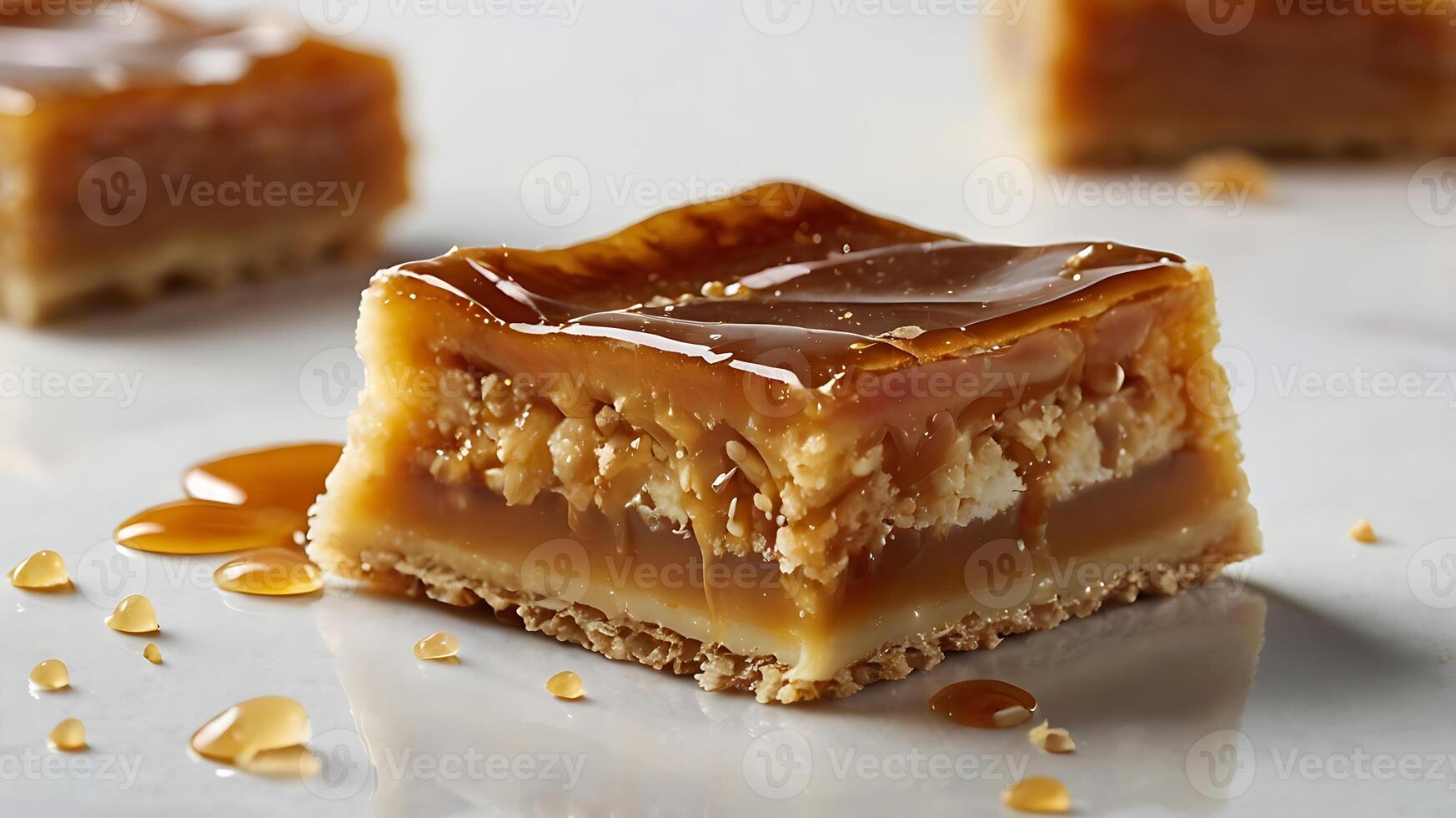 Extreme closeup reveals layers of a delicious caramel slice dessert with golden caramel photo