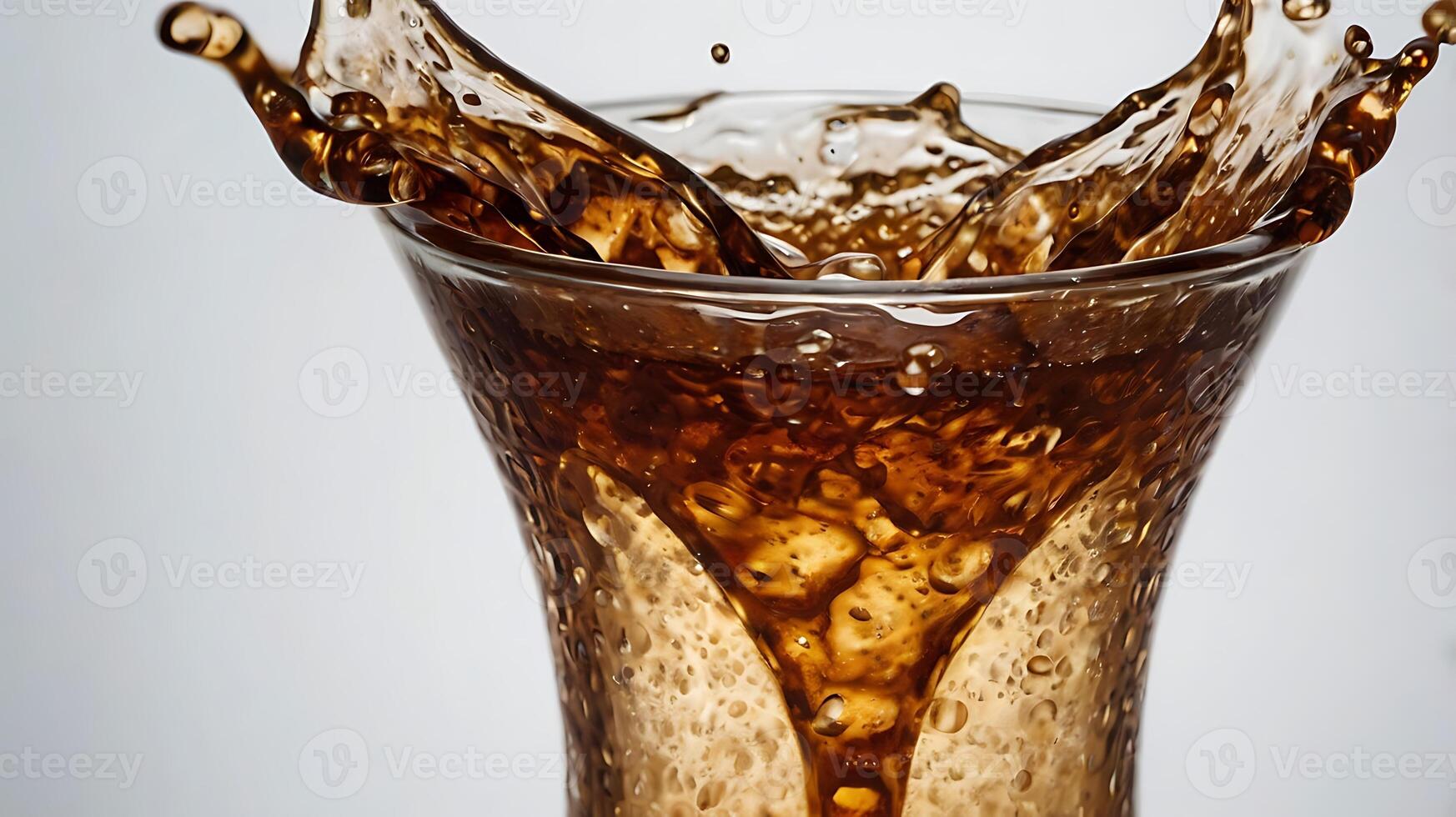 Closeup view of cola with dynamic splashes and bubbles photo