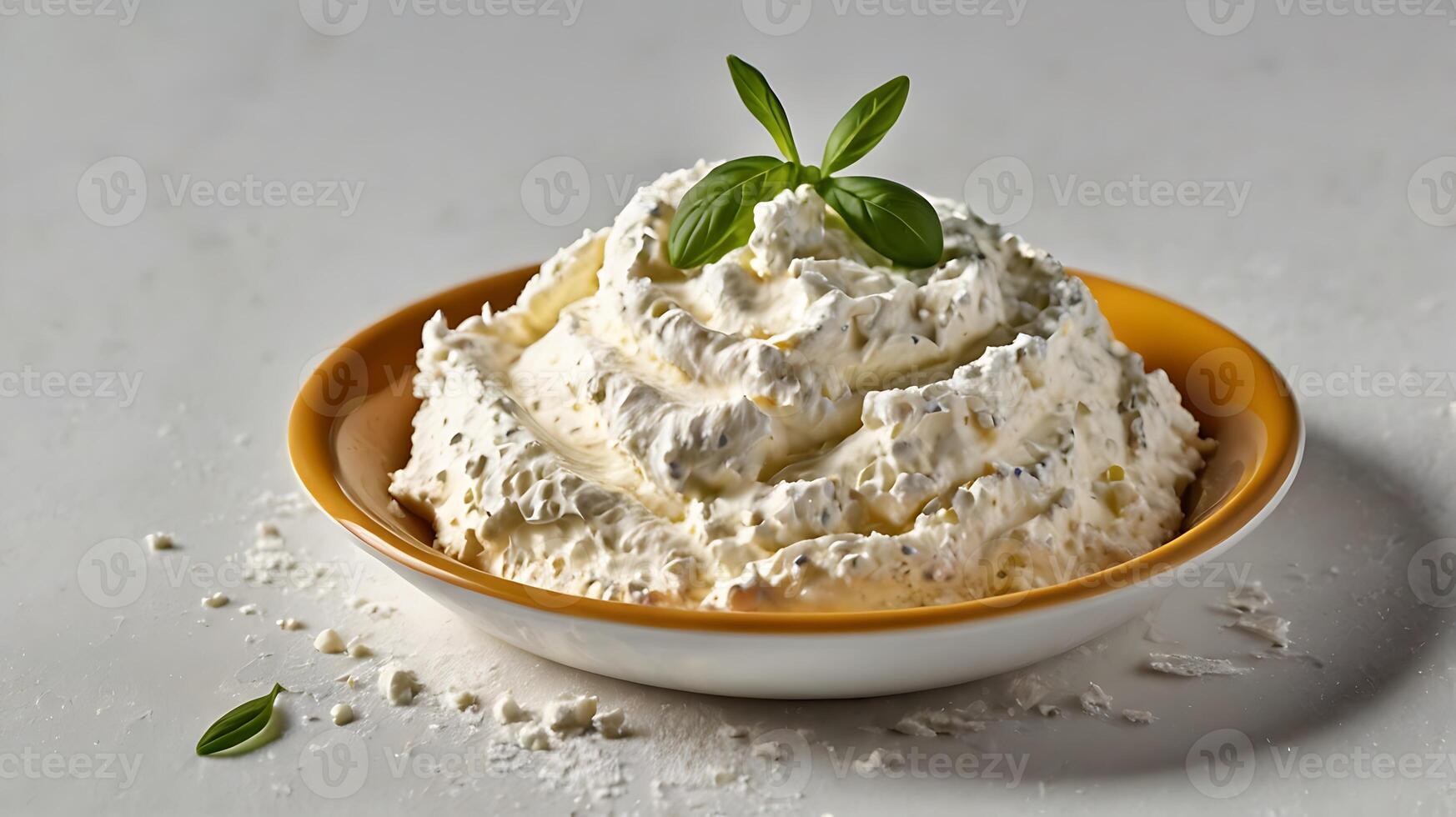Closeup view of creamy ricotta cheese served in a bowl with fresh basil photo