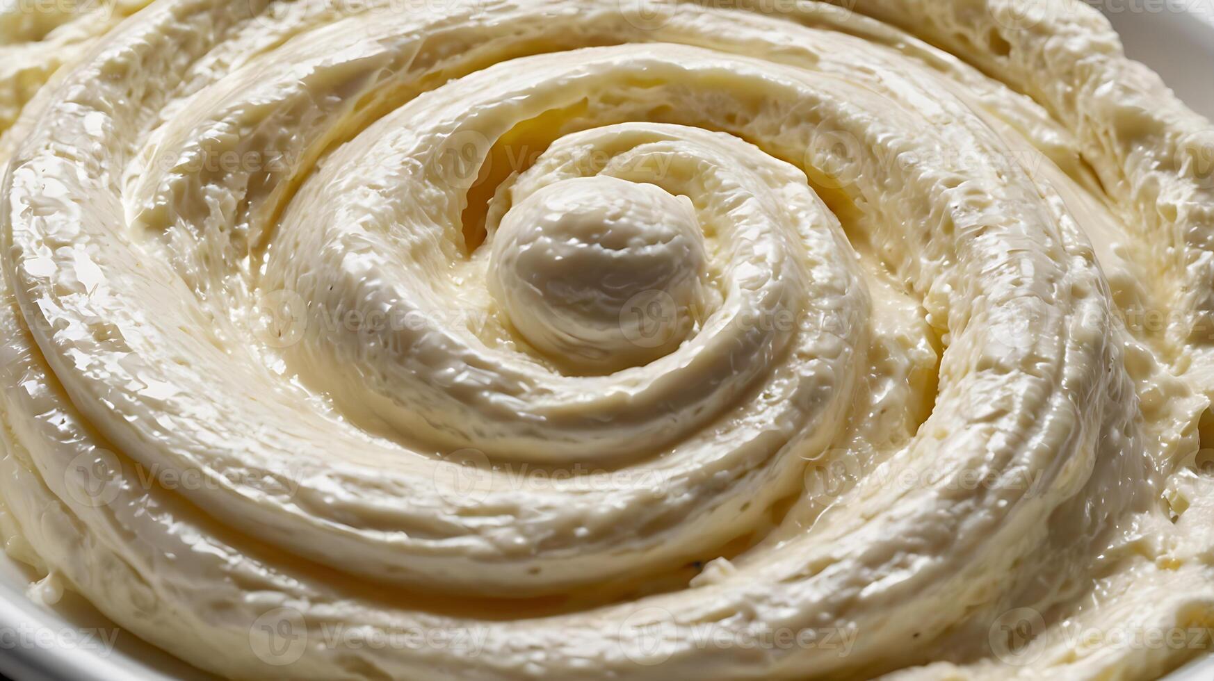 Closeup view of creamy ricotta cheese showcasing its smooth texture and swirl pattern photo