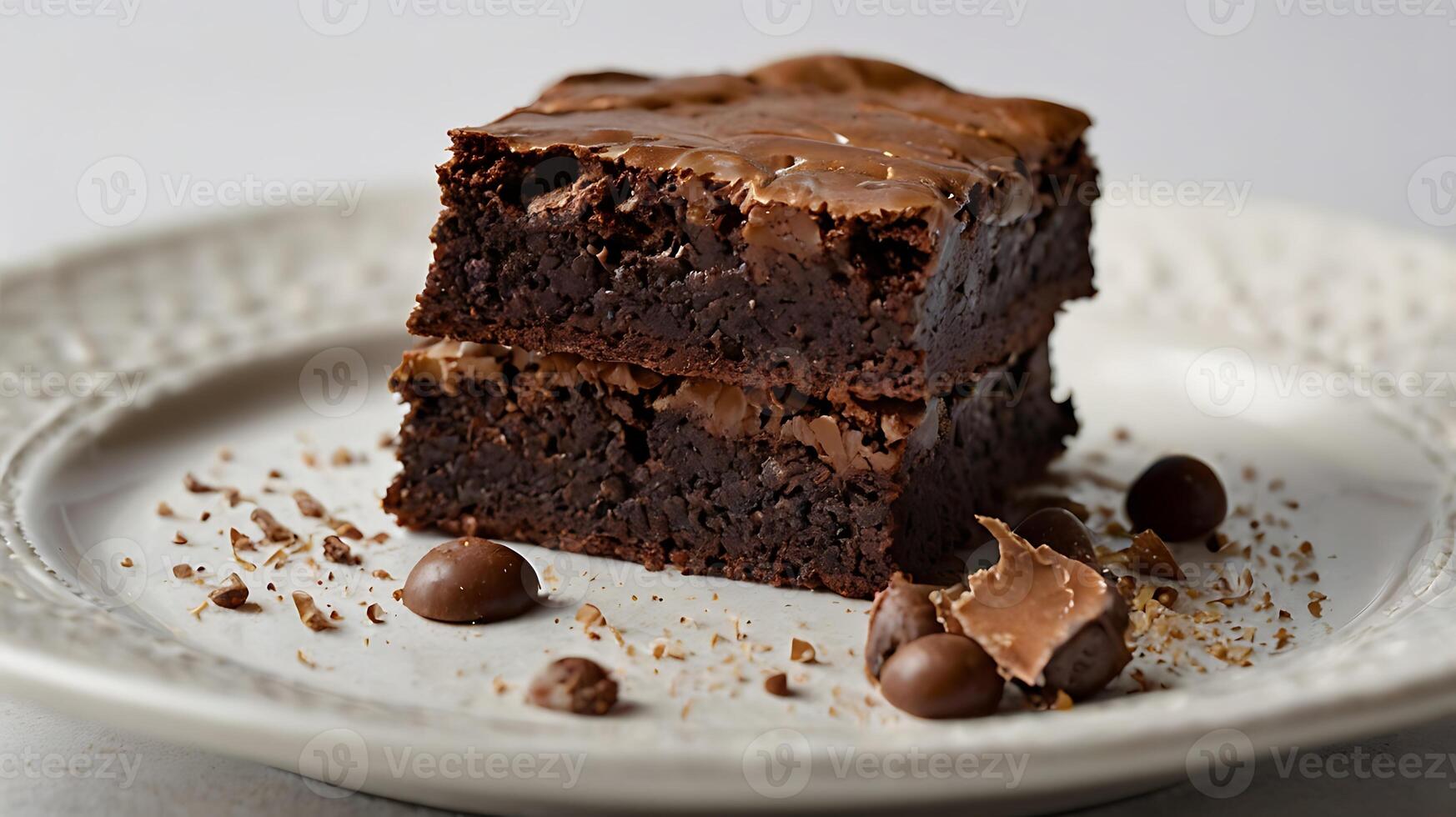 Closeup view of a rich brownie piece with chocolate shavings on a decorative plate photo