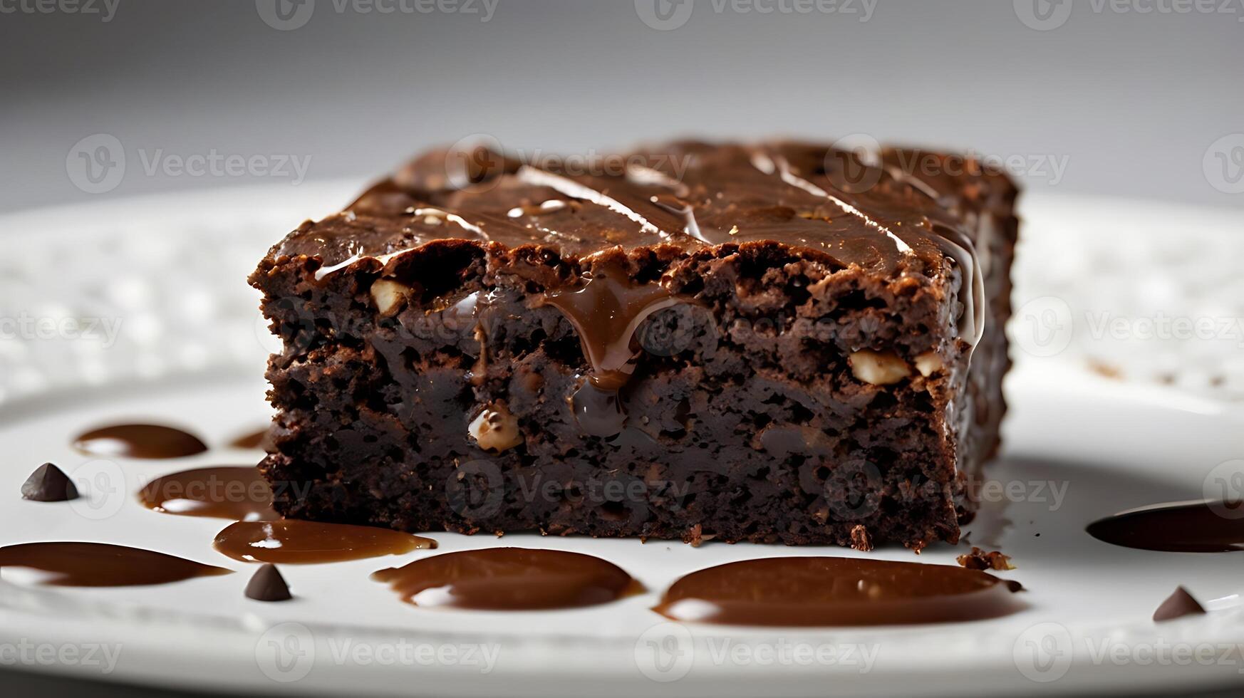 Closeup view of a rich brownie piece dripping with chocolate sauce photo