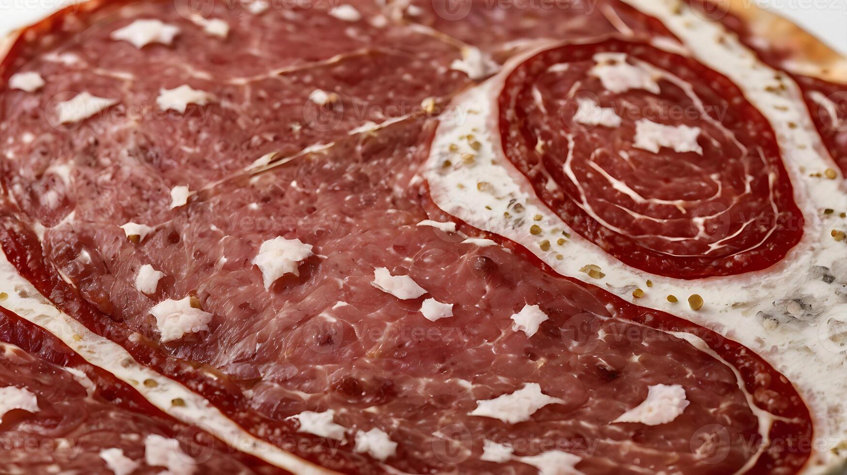 Closeup view of a delicate slice of cured meat showcasing intricate patterns photo