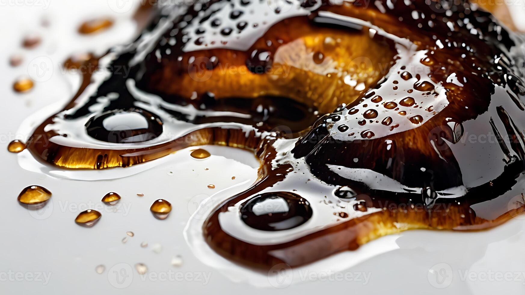 Closeup of rich dark liquid with droplets on a smooth surface photo