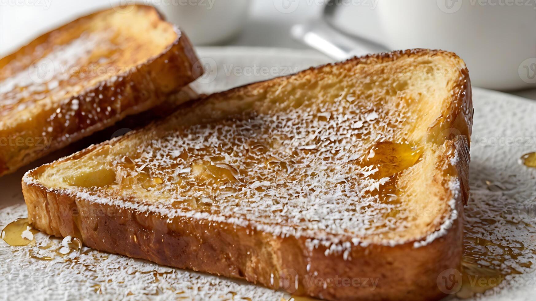 Extreme closeup of deliciously golden French toast with syrup and powdered sugar photo