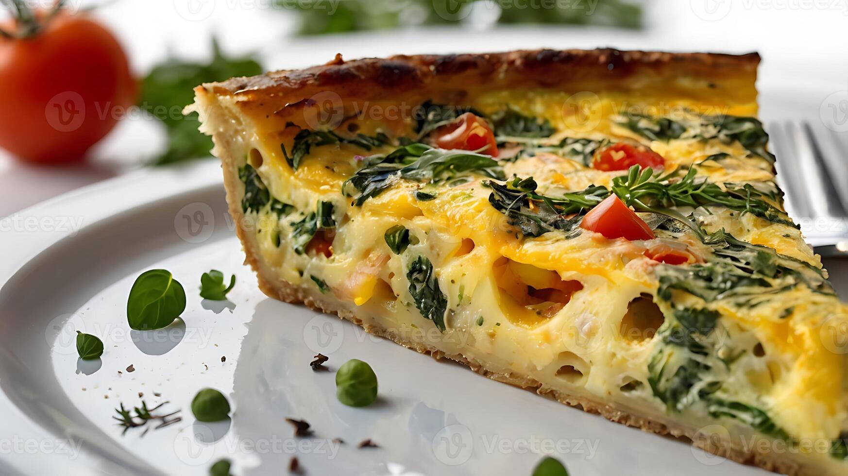 Closeup view of a flavorful frittata slice featuring fresh ingredients and herbs photo