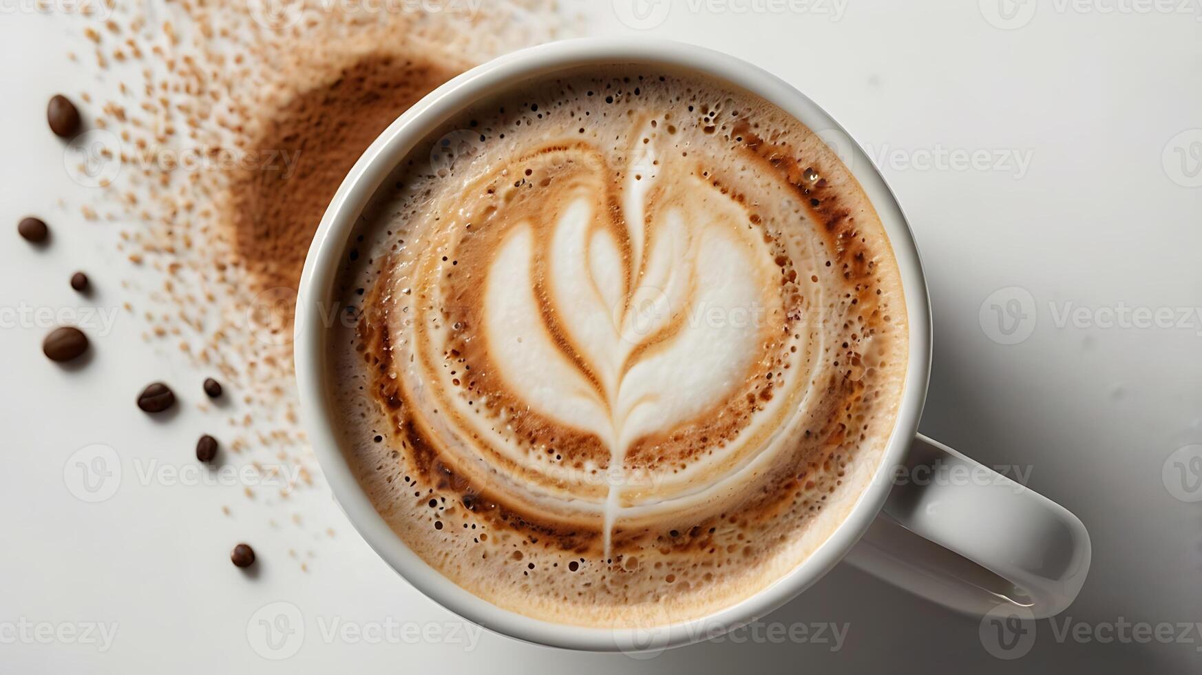 Closeup view of cappuccino with detailed latte art and coffee grounds scattered photo