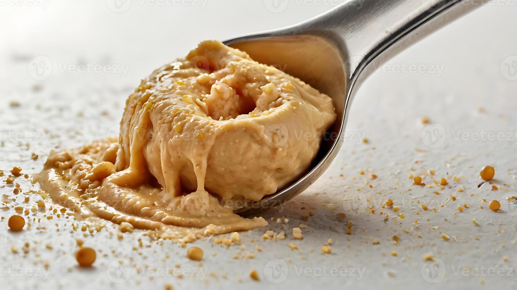 Closeup of a hummus scoop with a spoon, showcasing texture and detail photo