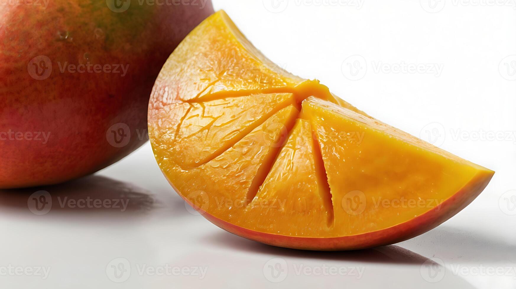Closeup view of a mango slice showcasing its rich color and texture detail photo