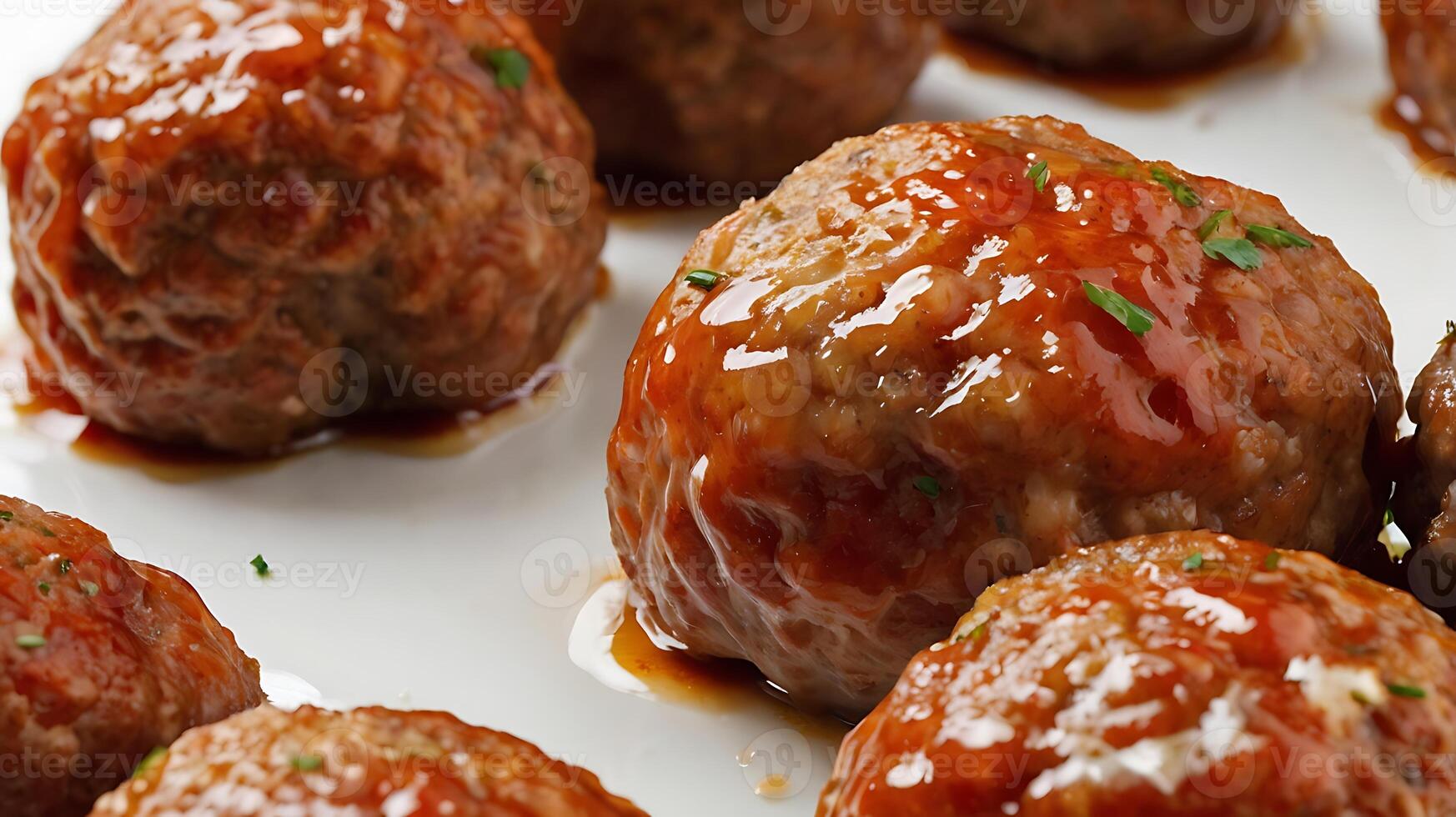 Extreme closeup view of juicy meatballs coated in sauce and garnished with herbs photo