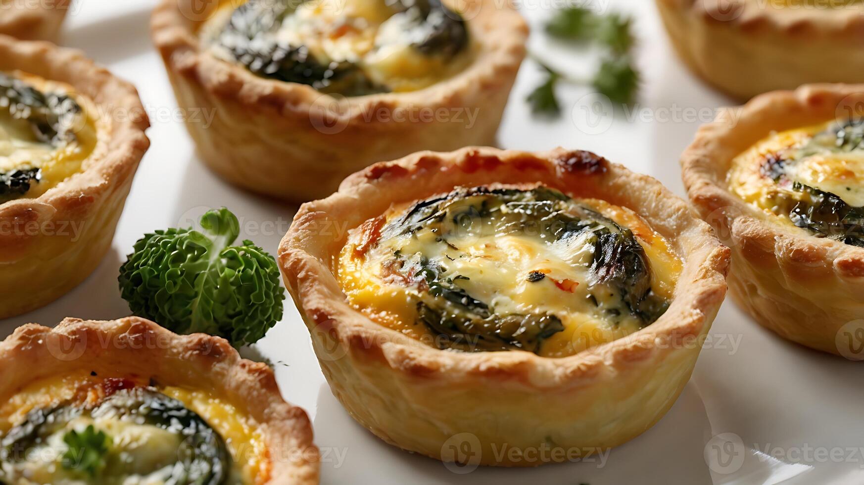Closeup of mini quiche showcasing a delicious spinach filling on a white plate photo
