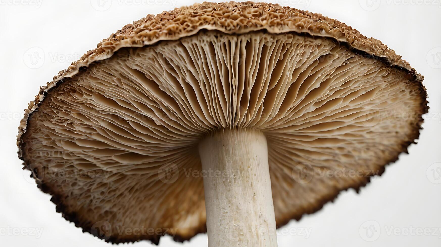 Closeup view of a mushroom cap showcasing fine gills and textured stem details photo