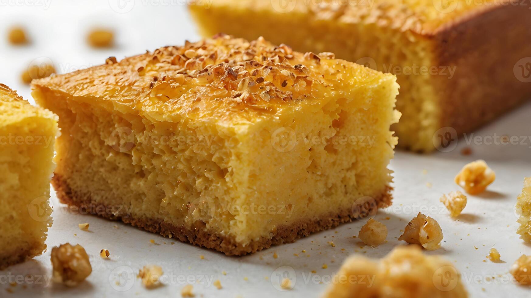 Extreme closeup of a freshly baked piece of cornbread on a neutral backdrop photo