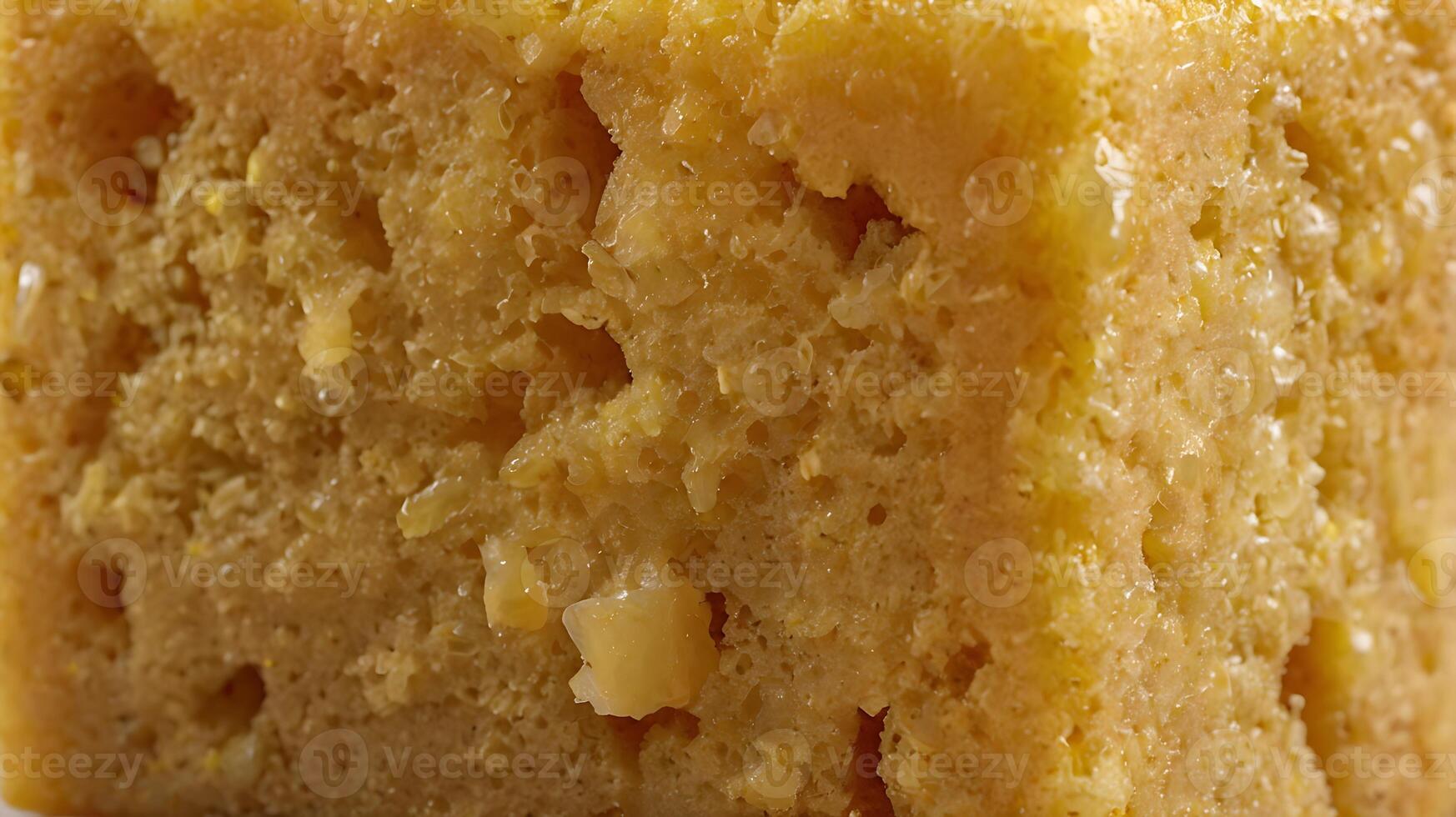 Closeup view of a piece of cornbread revealing its texture and crumb structure photo