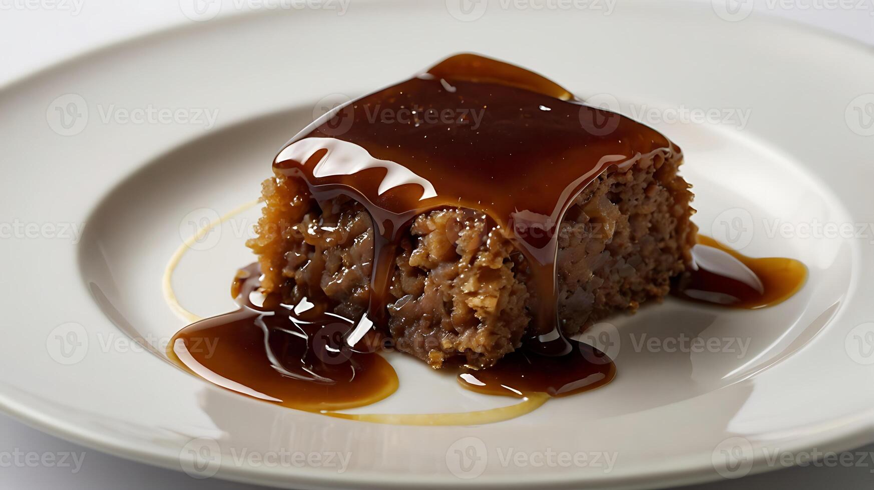 Closeup view of a sticky toffee dessert with rich sauce on a white plate photo
