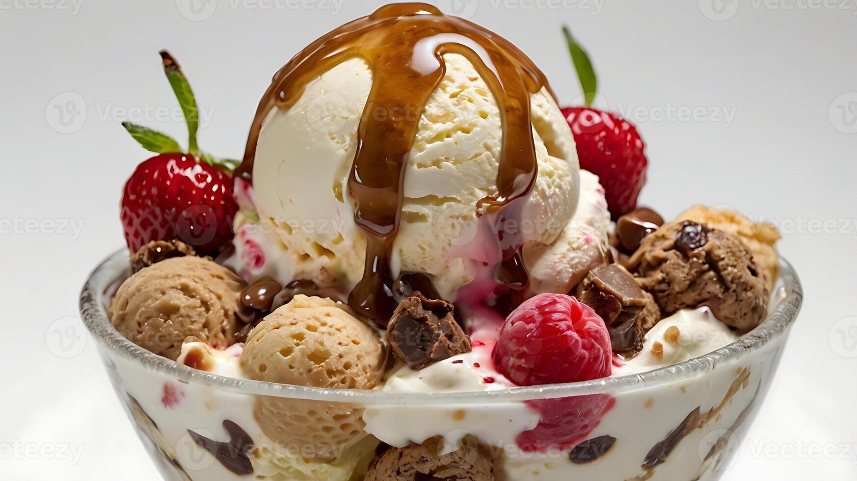 Closeup view of a delicious ice cream scoop topped with syrup and fresh berries photo