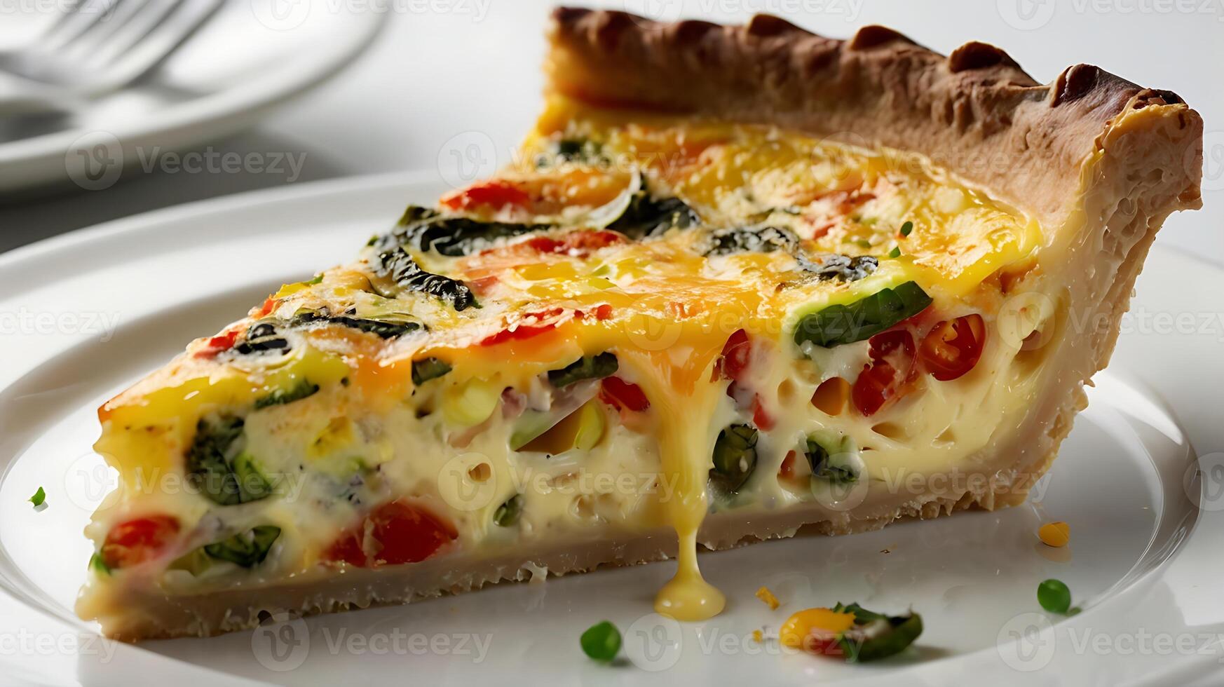 Closeup view of a delicious slice of quiche featuring vegetables and cheese photo
