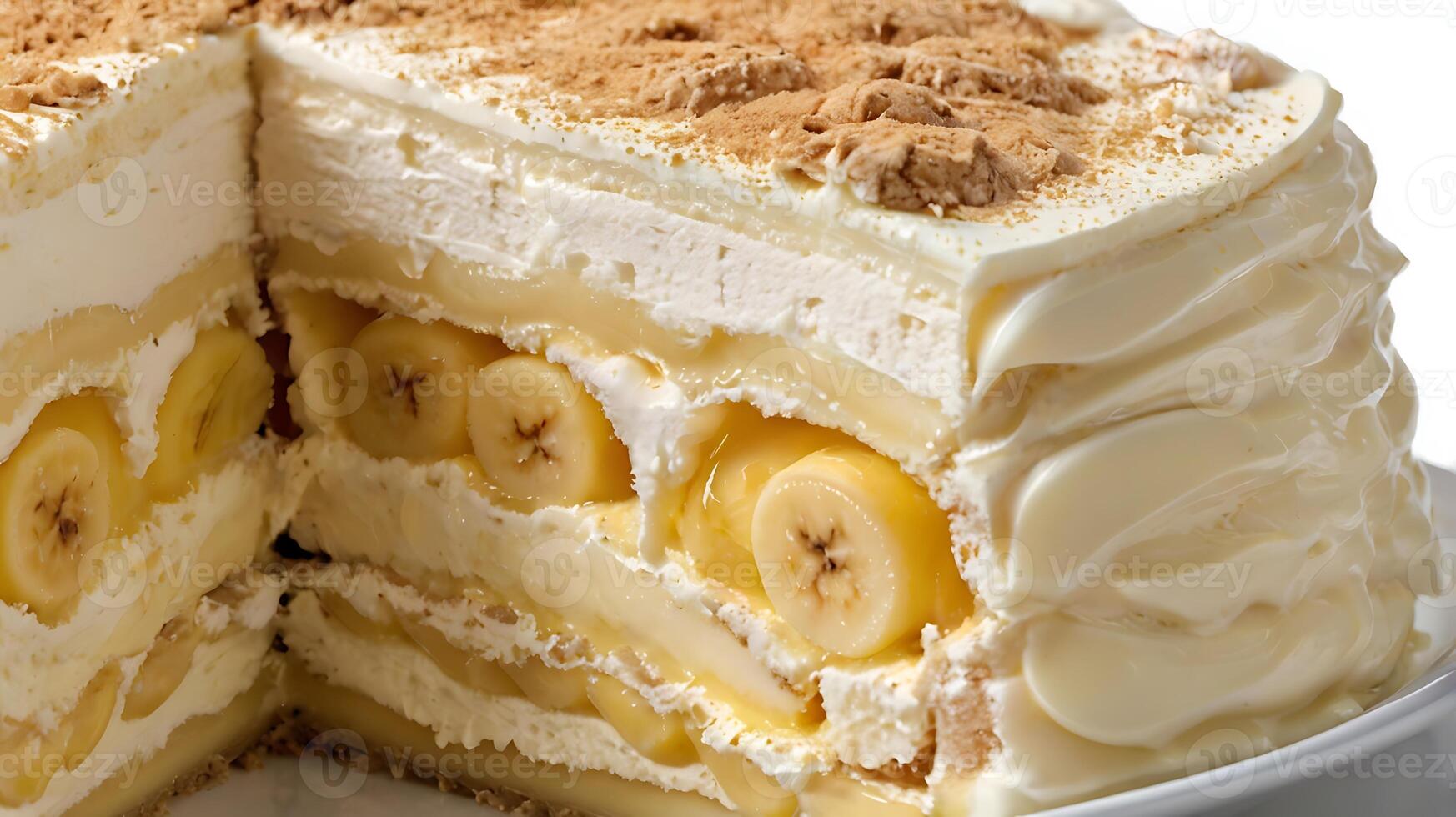 Extreme closeup of a decadent slice of banana cream cake showcasing layers of flavor photo