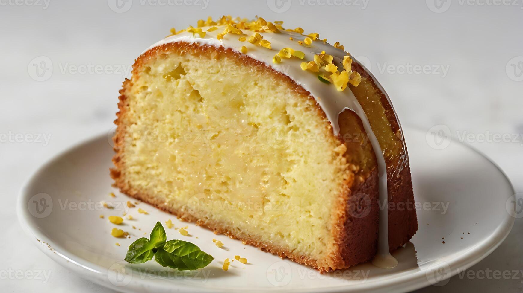 Closeup of lemon pound cake slice with glaze and lemon zest on a white plate photo