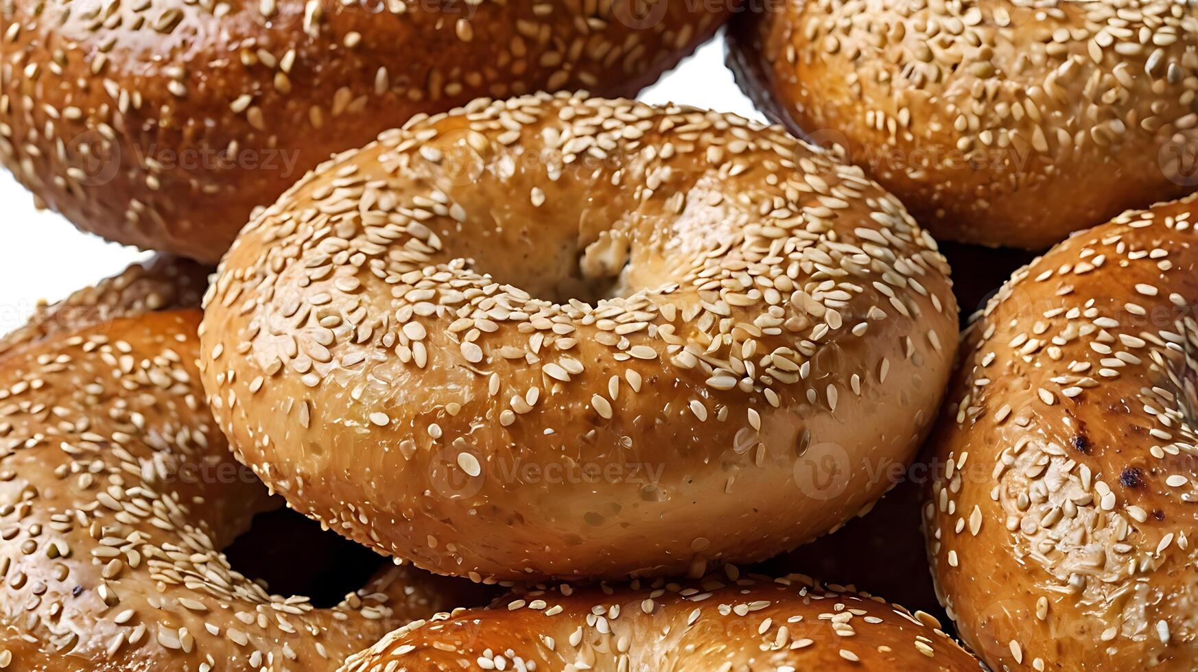 Closeup of a sliced bagel showcasing its texture and sesame seeds in detail photo