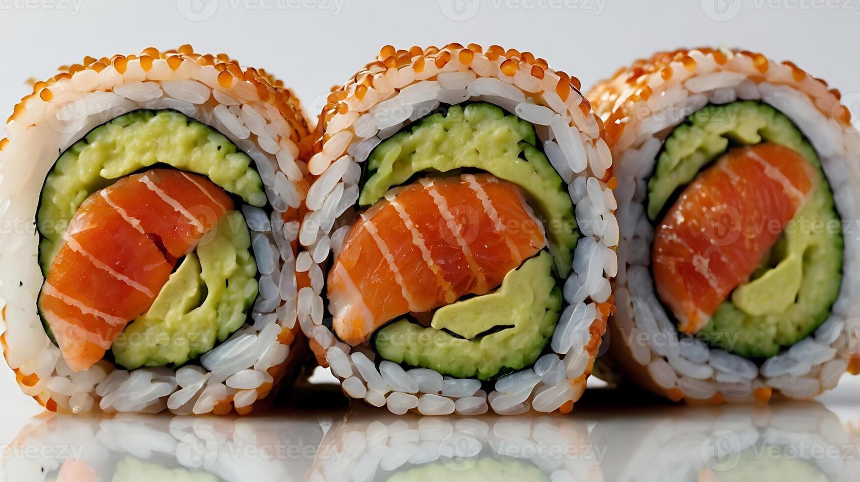 Closeup view of sushi rolls featuring salmon and avocado for a delicious meal photo