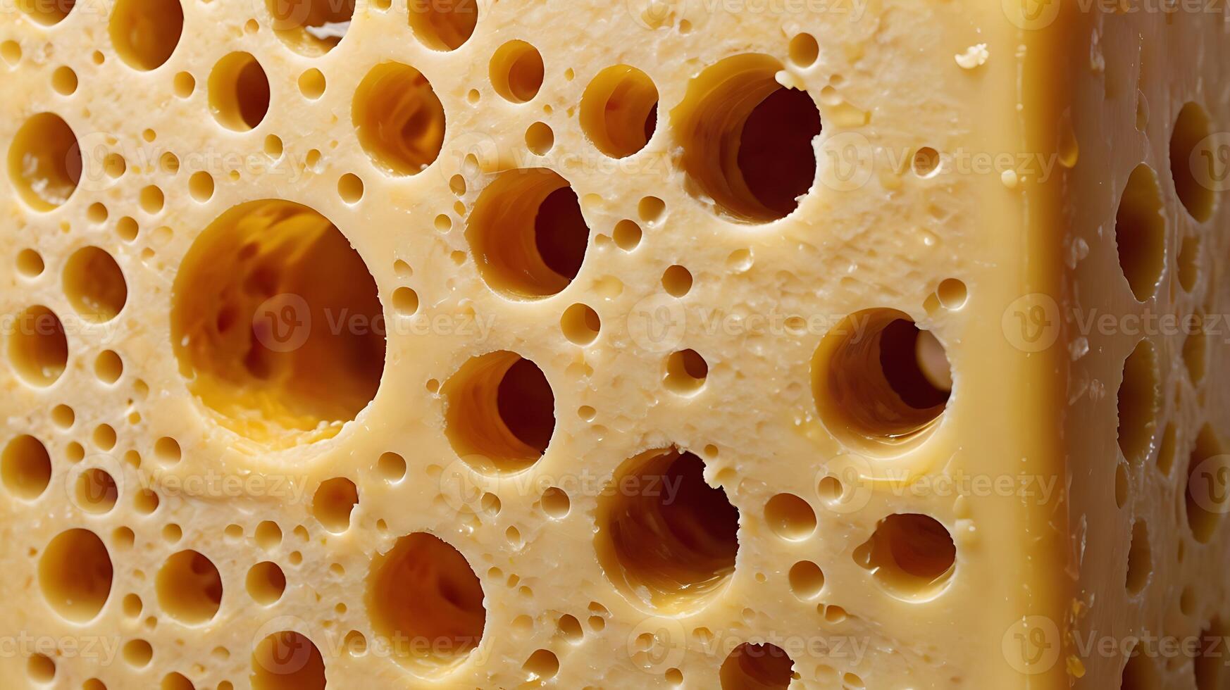 Closeup view of a thick slice of aged cheese showing unique holes and texture details photo