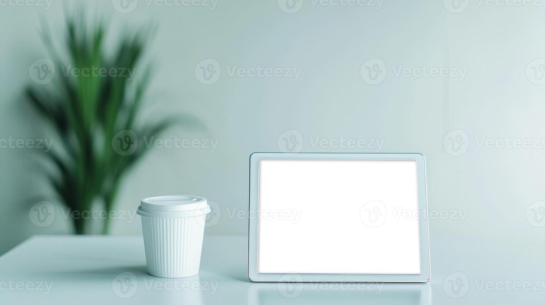 Marketing analytics data personalization concept. Blank tablet and coffee cup on a minimalistic table with greenery. photo