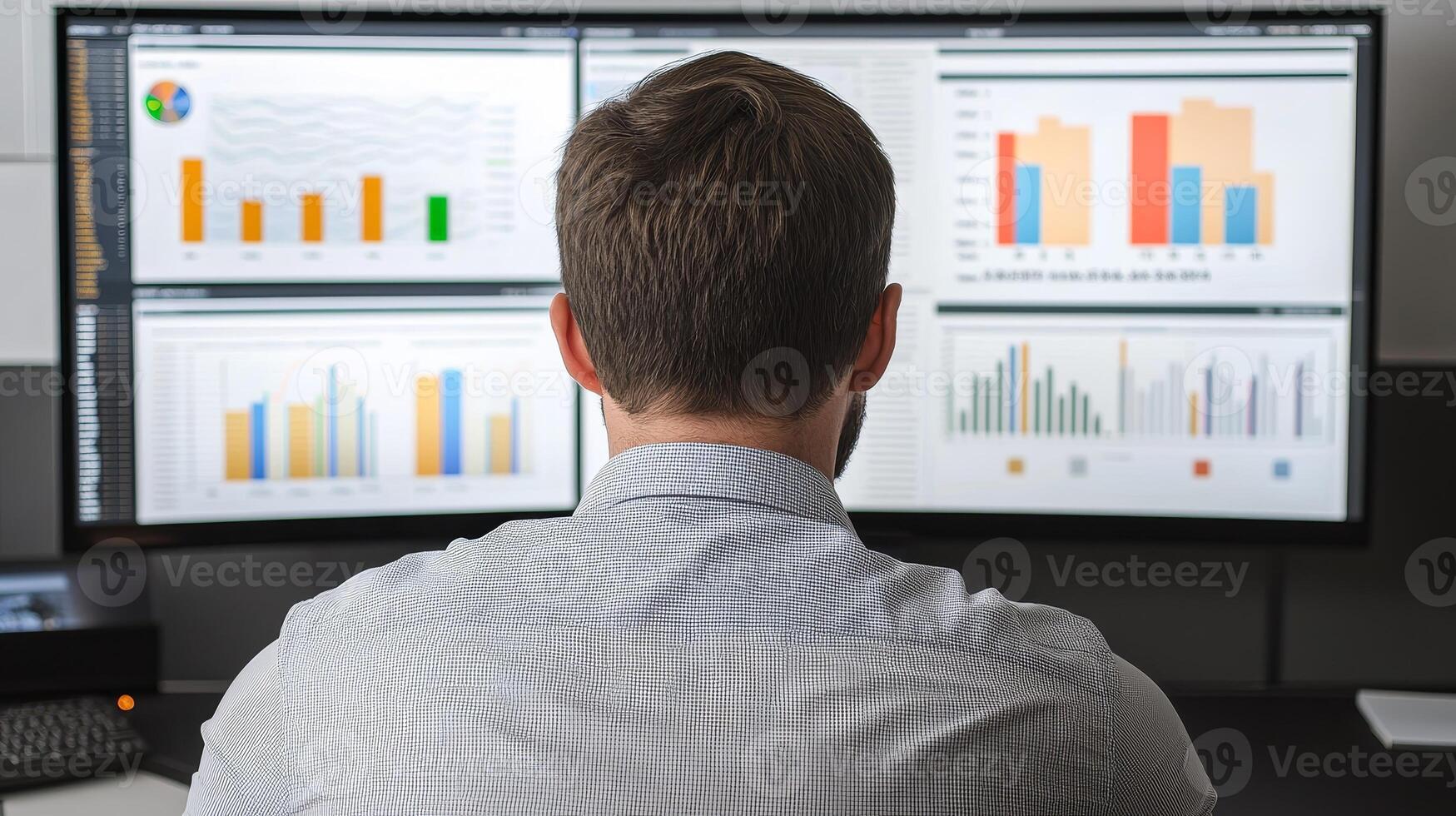 Marketing analytics data personalization concept. Person analyzing data on multiple monitors with graphical charts displayed. photo
