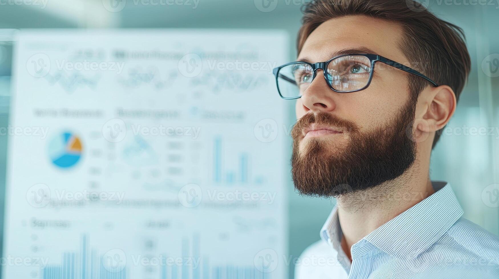 Marketing analytics strategy behavior concept. Professional man analyzing data with charts and graphs in the background. photo
