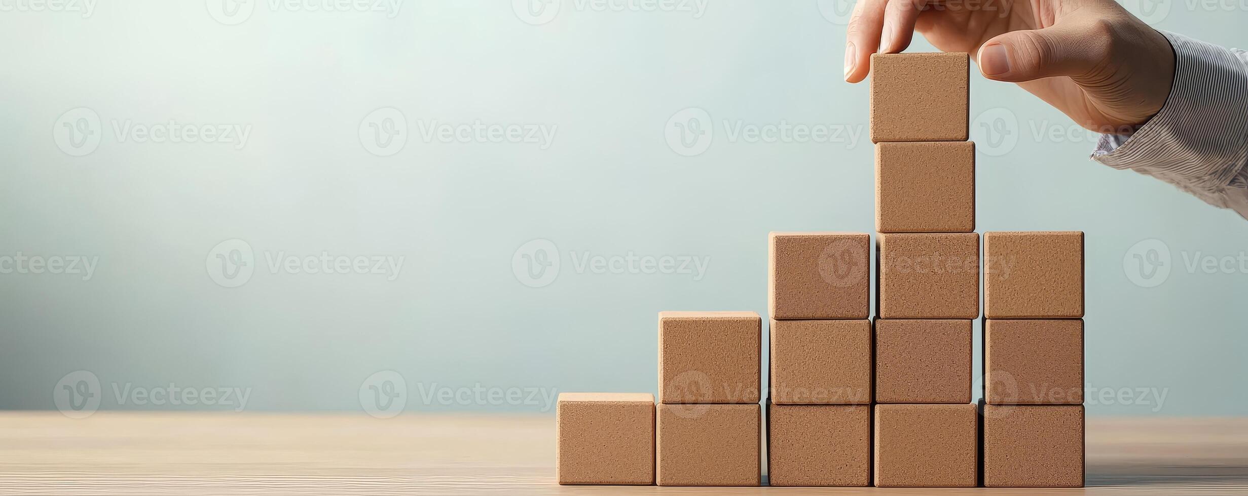 Climbing corporate ladder concept. Building a structure with cork blocks on a wooden table. photo