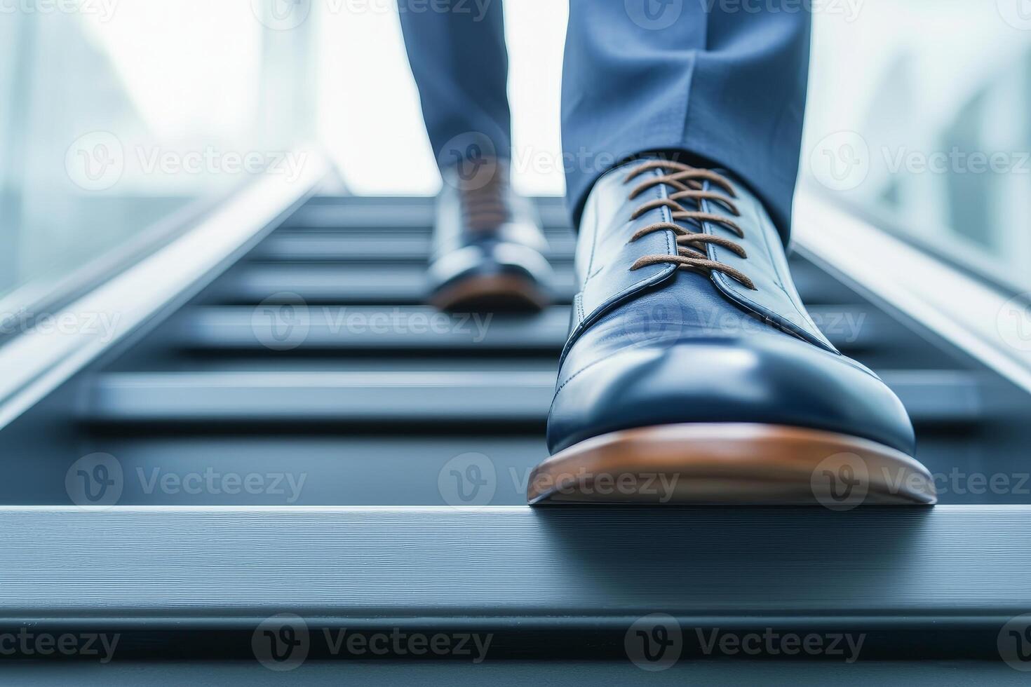 Motivated corporate ladder concept. Close-up of a man in formal shoes walking up stairs. photo