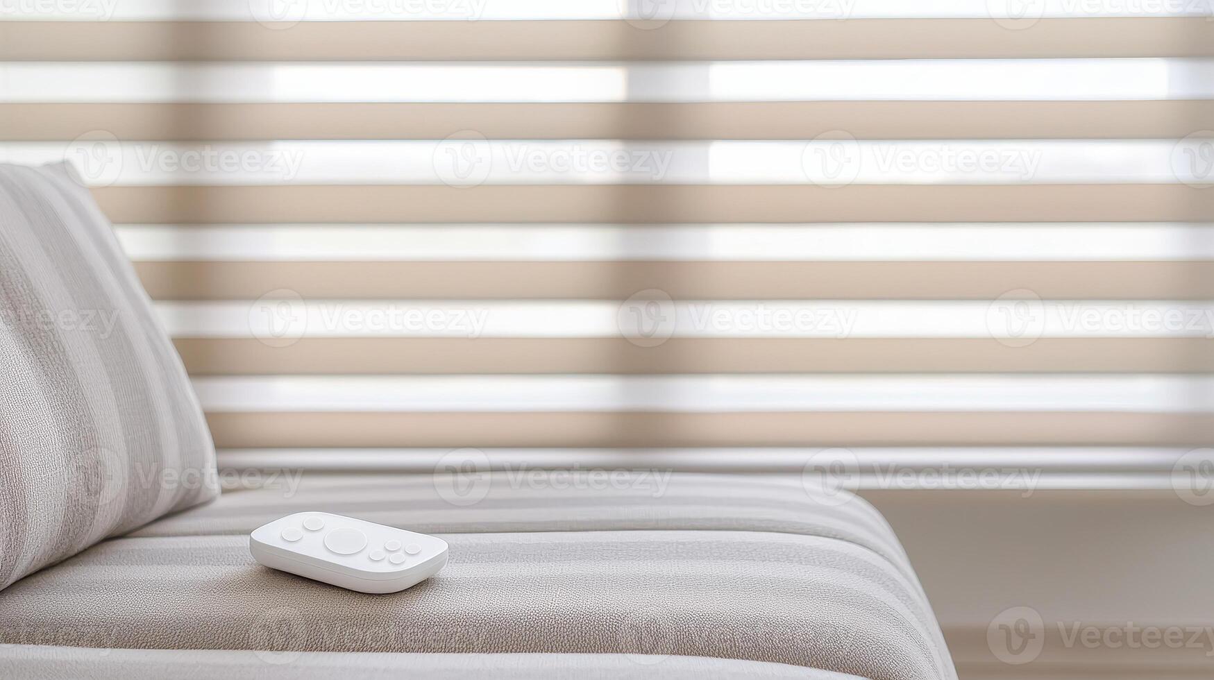 Real estate technology and integration concept. Cozy interior with striped curtains and a soft blanket on a bed. photo