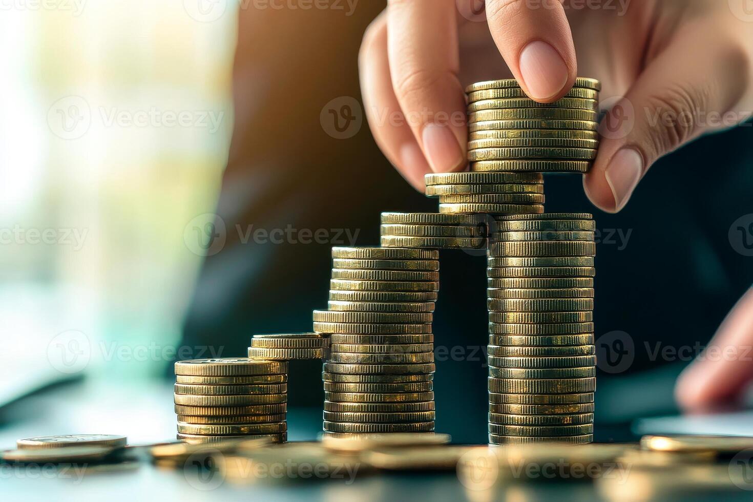 Motivated corporate ladder concept. Hand stacking gold coins in a financial growth concept. photo