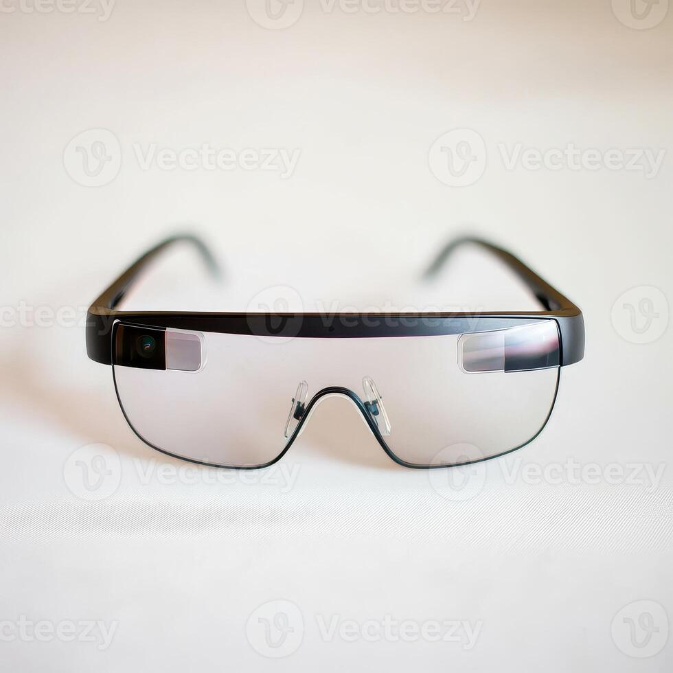 Digital transformation, innovation and adaptation concept. Sleek black safety glasses with clear lenses on a plain surface. photo