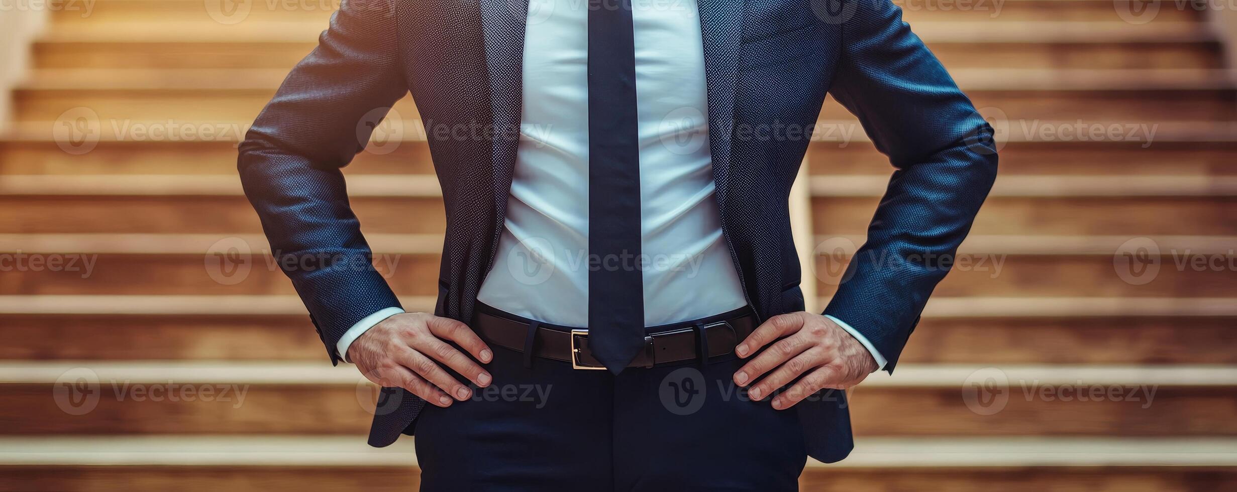 Motivated corporate ladder concept. Stylish man in a unique jacket standing confidently on stairs. photo