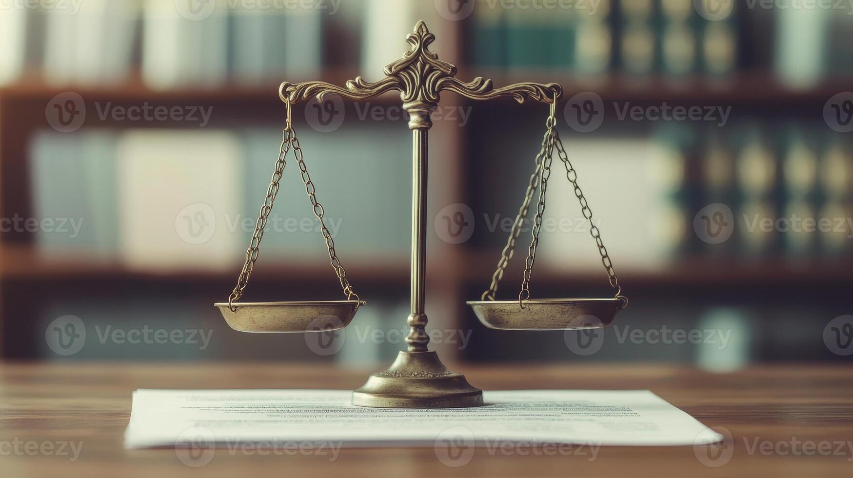 A brass scale of justice on a document in a library setting. photo