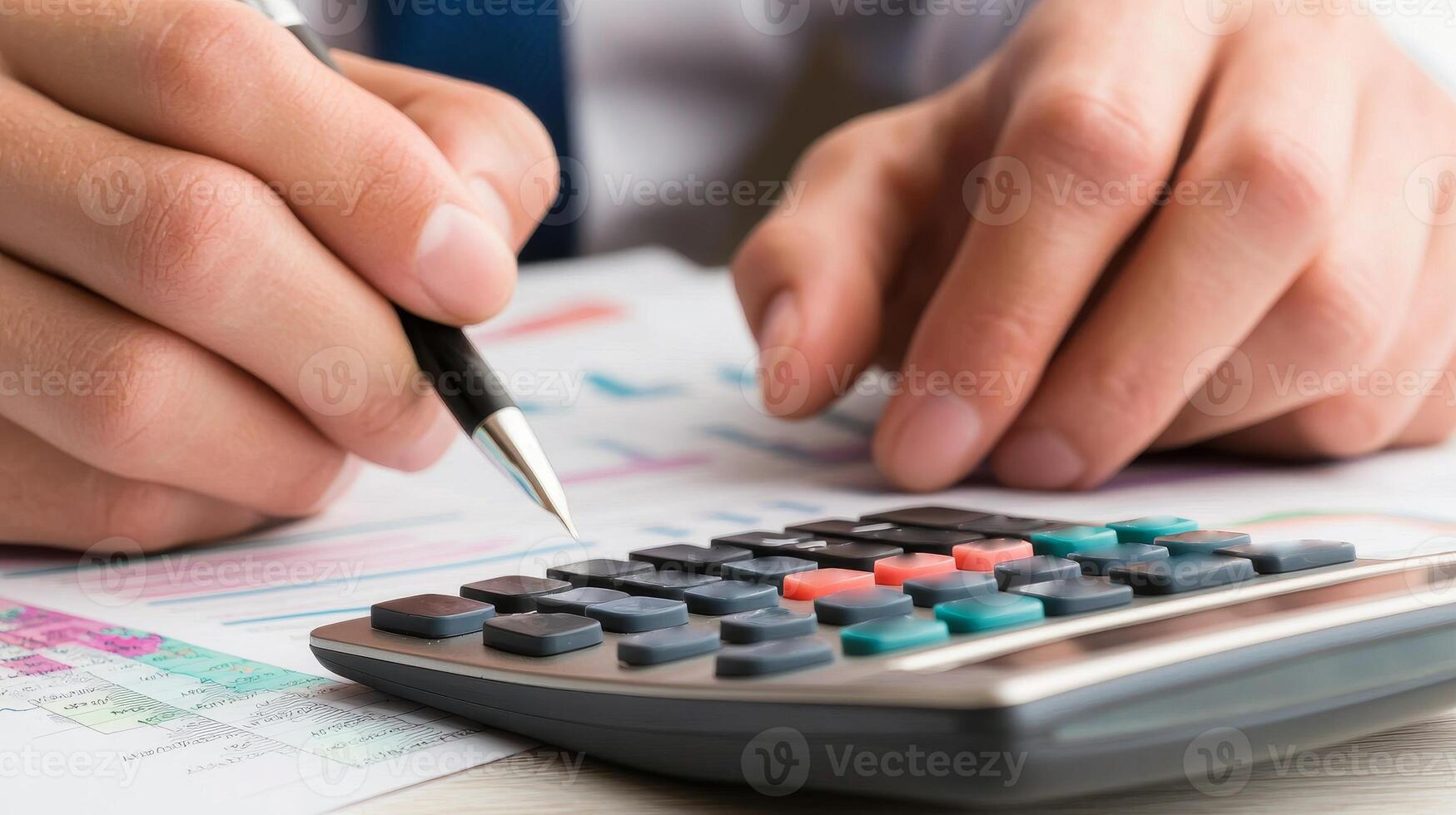 Hands using a calculator while reviewing financial documents. photo
