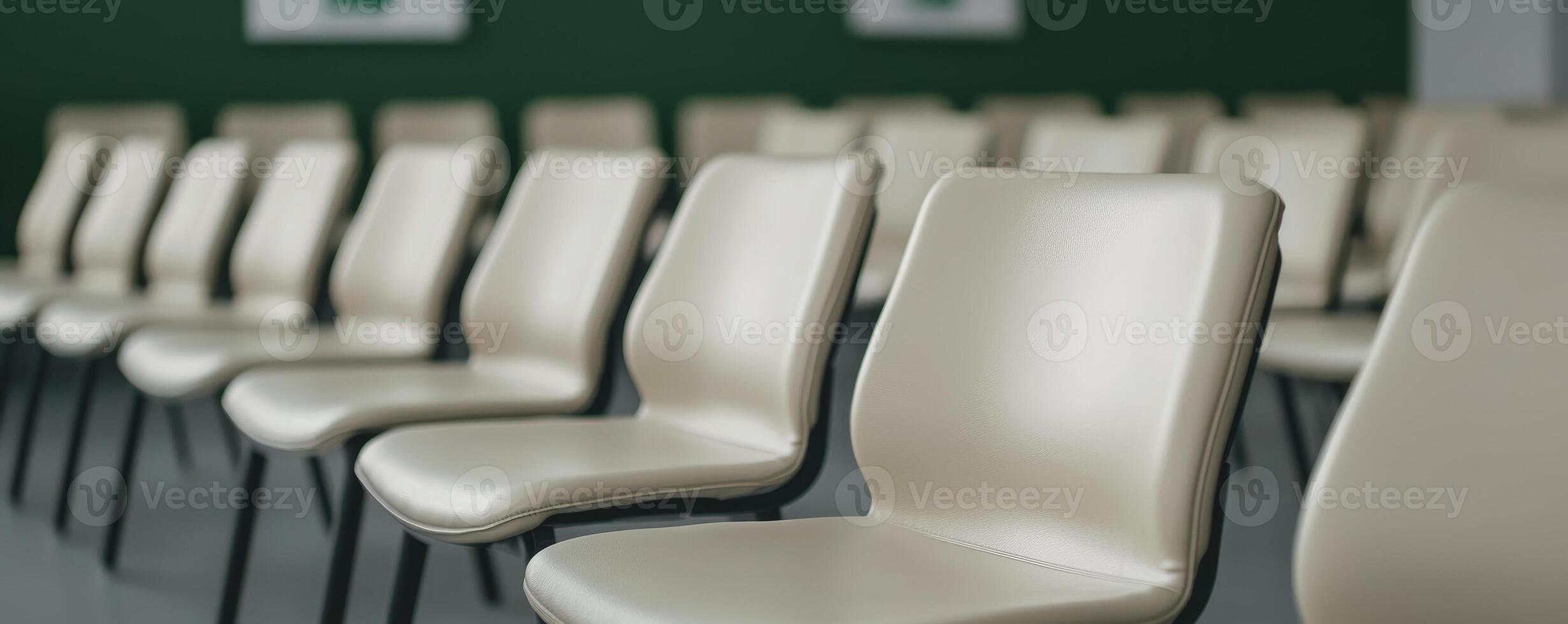 Rows of empty beige chairs in a modern waiting area. photo