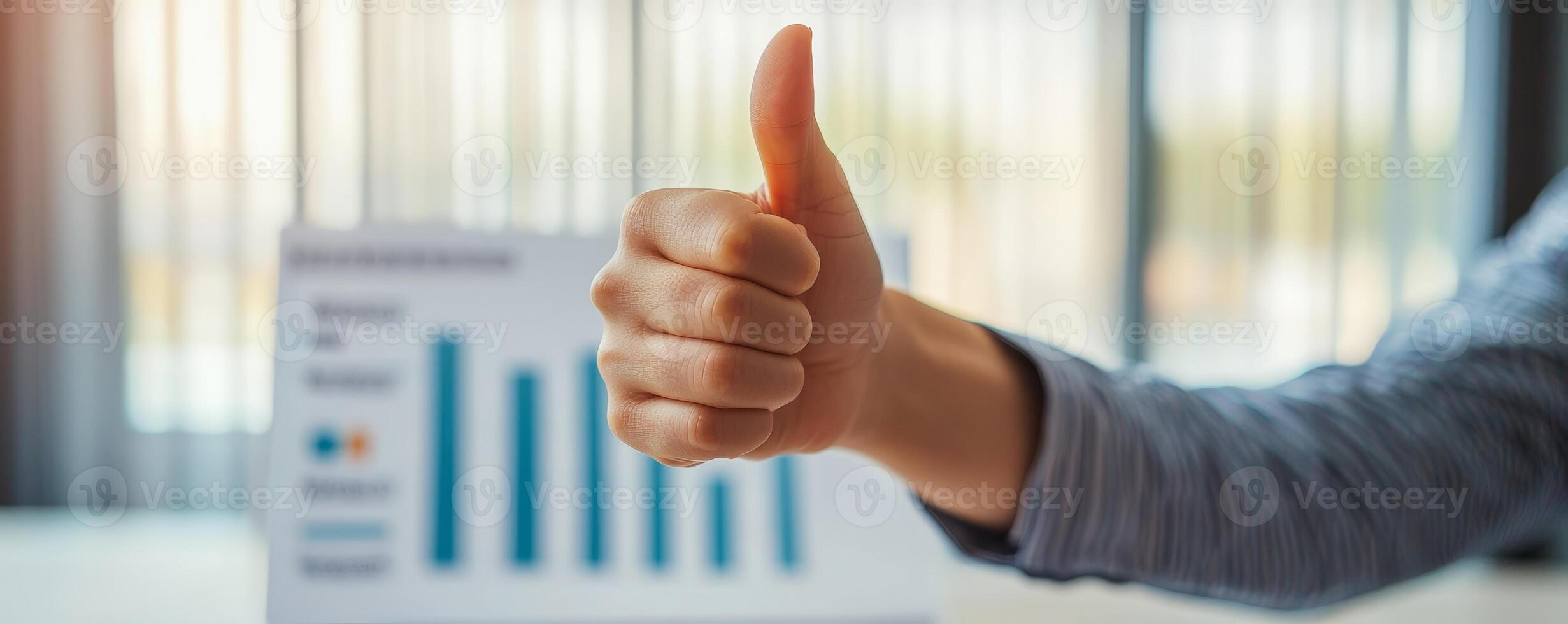 Positive gesture with a hand giving a thumbs up in a business setting. photo