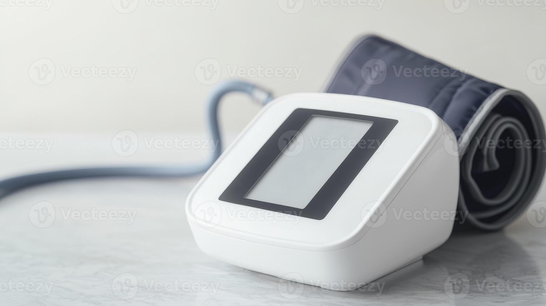 Digital blood pressure monitor with cuff on a light background, symbolizing health and wellness. photo