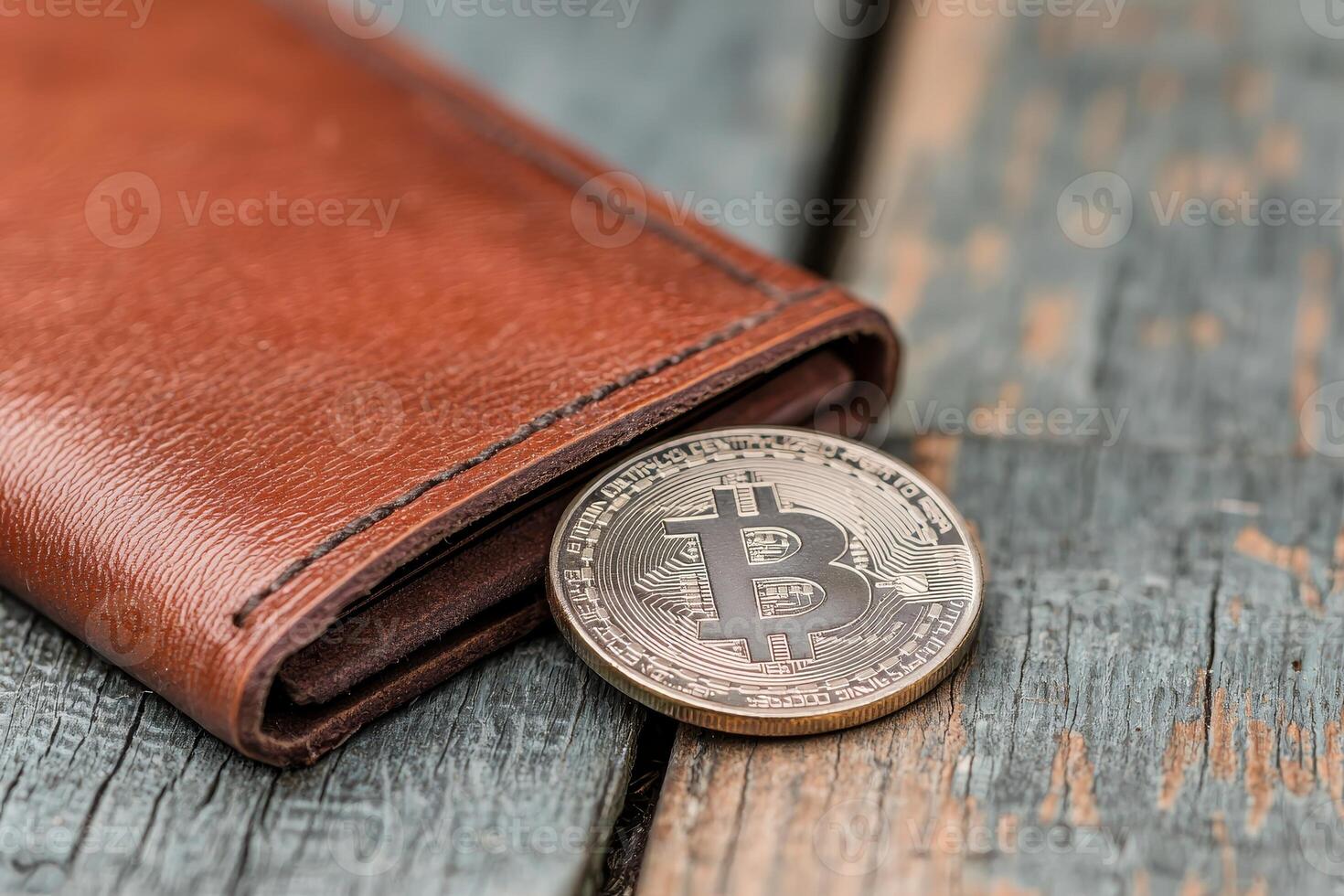 Leather wallet with Bitcoin coin on a rustic wooden surface. photo
