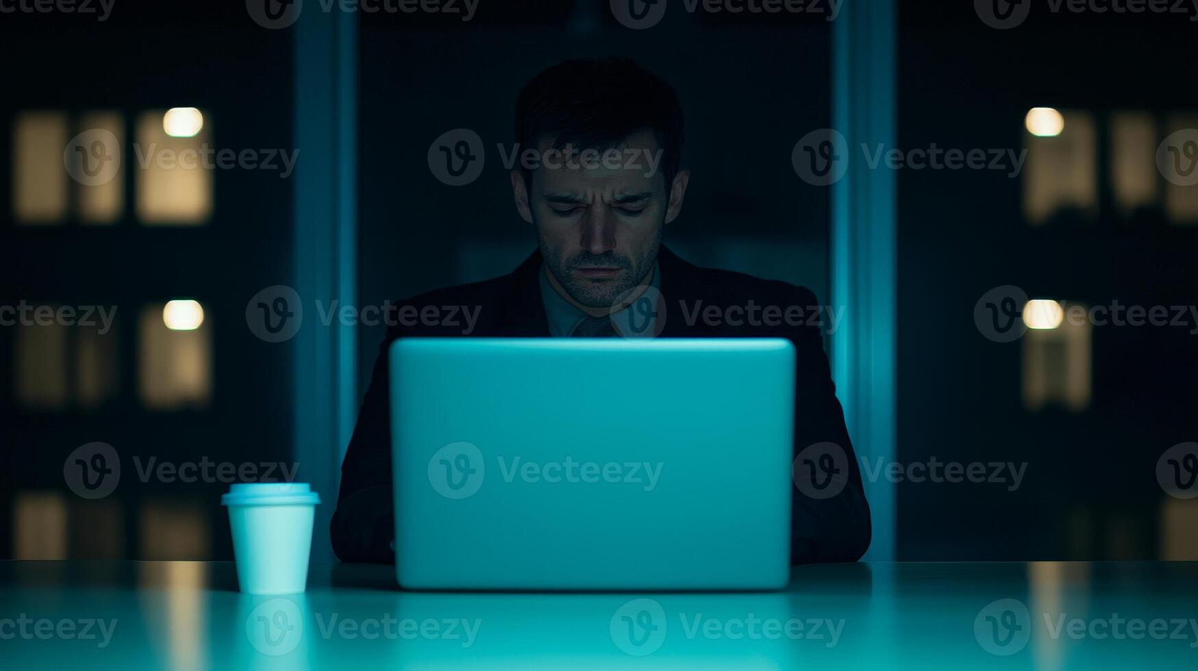 Man working late at night on a laptop with a coffee cup nearby, illuminated by screen light. photo