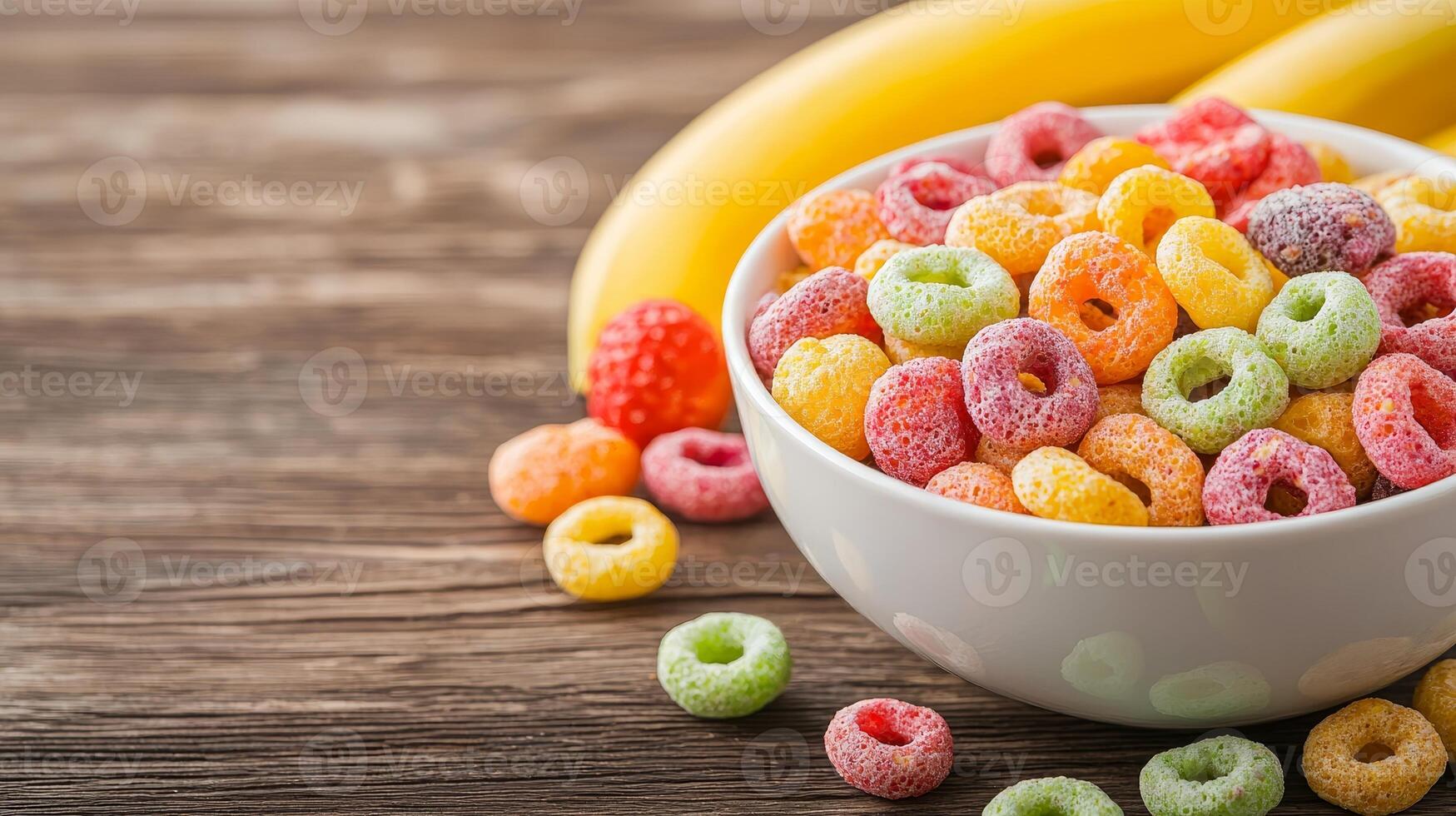 Colorful fruit cereal in a bowl with bananas on a rustic wooden surface. photo