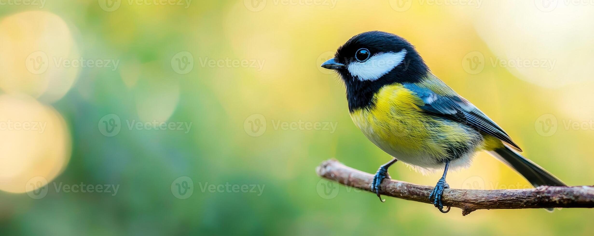 Beginning journey concept. Colorful bird perched on a branch with a soft, blurred background. photo