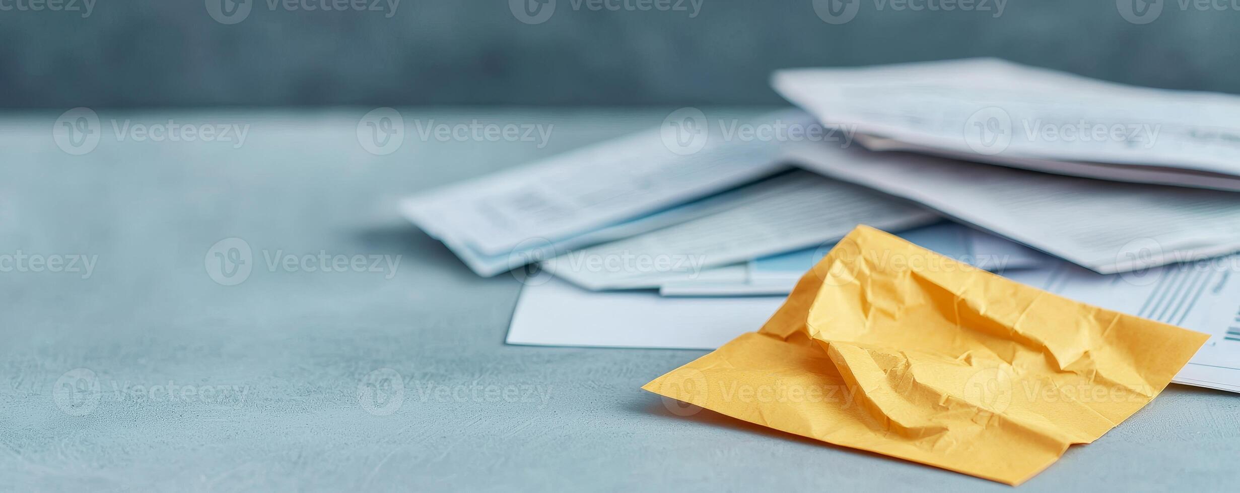 Piles of letters and an envelope on a soft gray background. photo