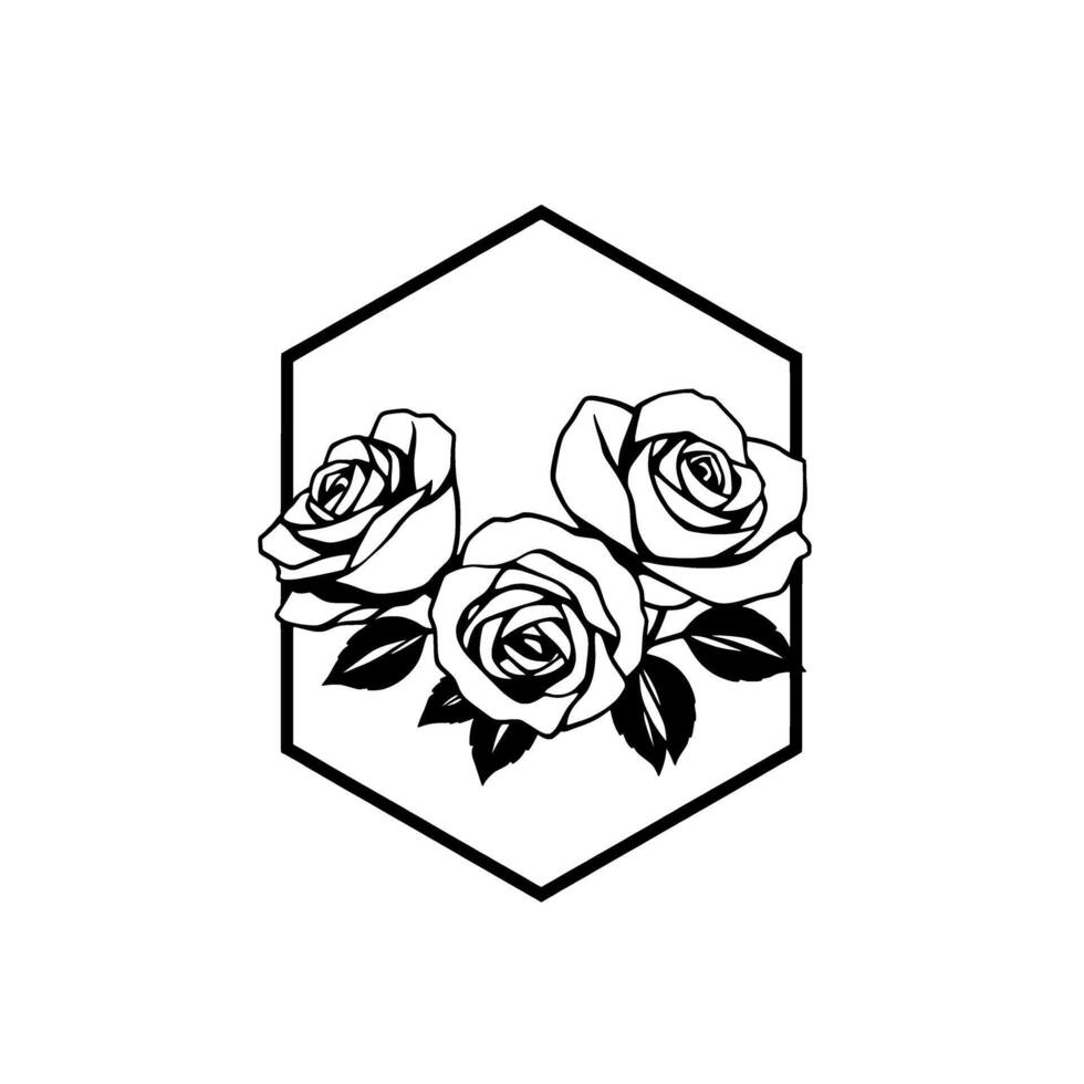 Elegant Black and White Rose Line Art. A Classic Floral in a Hexagon Frame. Perfect for invitations logos and home decor. vector