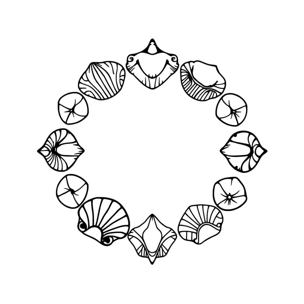 Seashell Circle Frame. Ocean Beach Summer Nature . Decorative Seashell Pattern for Summertime Coastal Nautical and Vintage Designs. vector